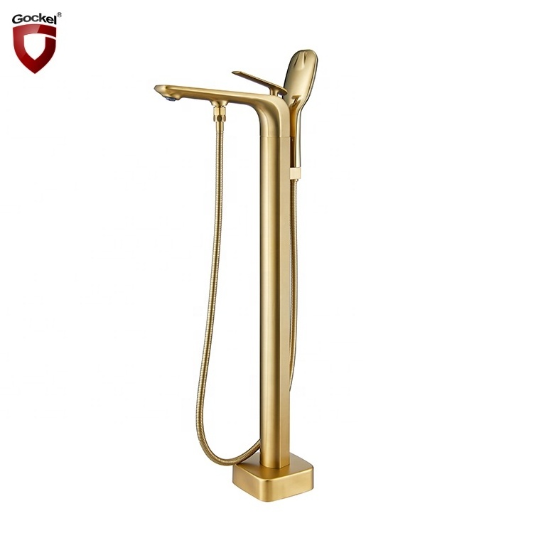 High Quality Brushed Gold Floor Mounted Free Standing Bath Shower Tub Filler Shower Mixer Bathtub Faucet