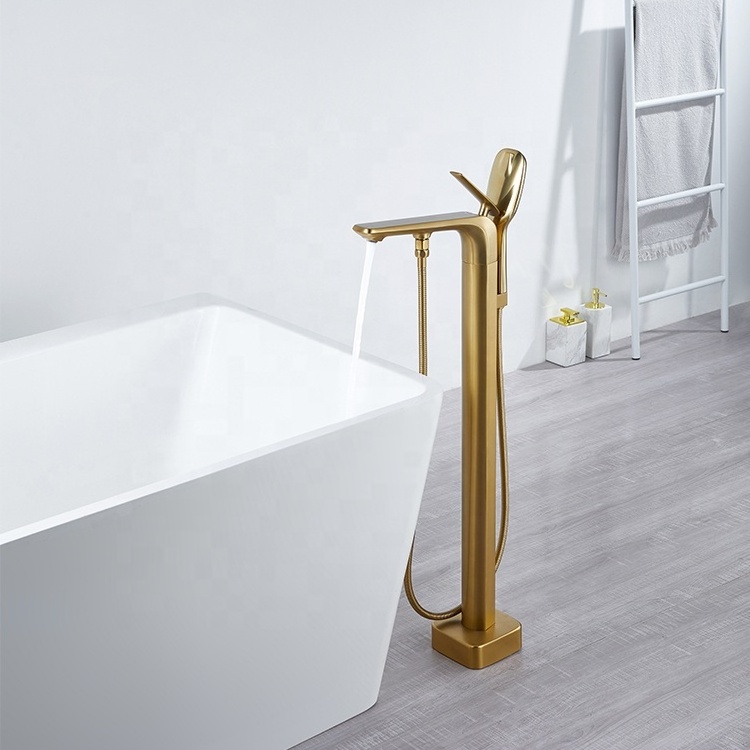 High Quality Brushed Gold Floor Mounted Free Standing Bath Shower Tub Filler Shower Mixer Bathtub Faucet