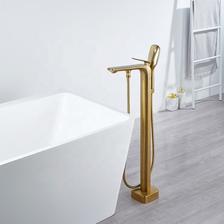 High Quality Brushed Gold Floor Mounted Free Standing Bath Shower Tub Filler Shower Mixer Bathtub Faucet