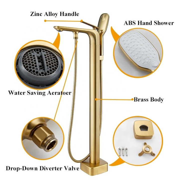 High Quality Brushed Gold Floor Mounted Free Standing Bath Shower Tub Filler Shower Mixer Bathtub Faucet