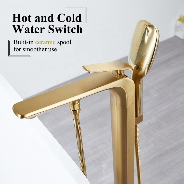 Brushed Gold Brass Mounted Free Standing Bath Shower Mixer Floor Stand Tub Filler Shower Mixer Bathtub Faucet