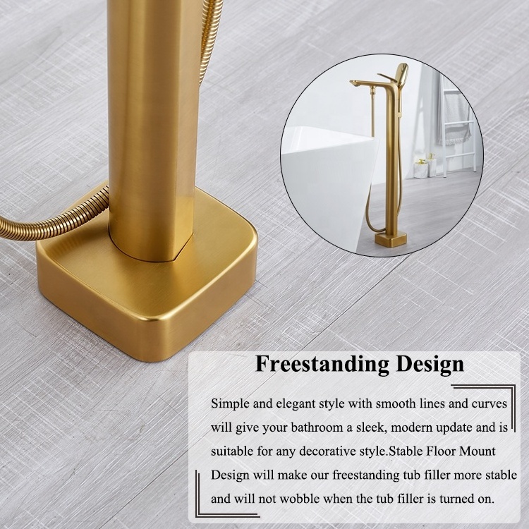 Brushed Gold Brass Mounted Free Standing Bath Shower Mixer Floor Stand Tub Filler Shower Mixer Bathtub Faucet