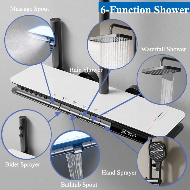 Tiktok Trend Piano Key Thermostatic Shower Set Rainfall LED Digital Display Bathroom Shower Mixer Set