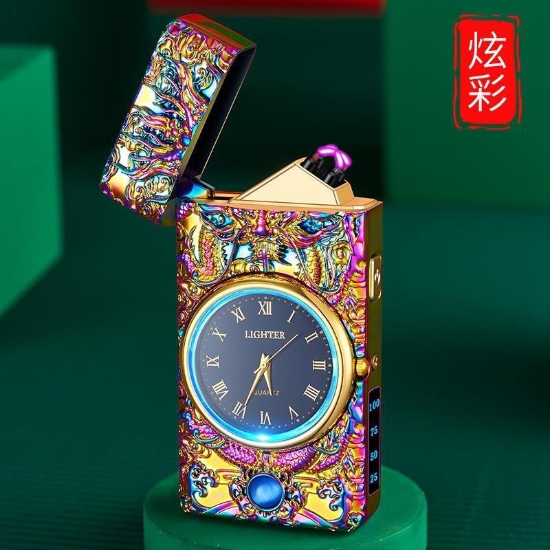 2024 High quality opal other led wick torch lighter cigar clock gold colorful flame lighter watch