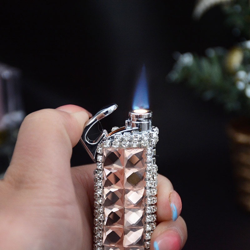 pink flame luxury diamond butane gas lighter windproof straight torch gas lighter refill gas lighters custom logo