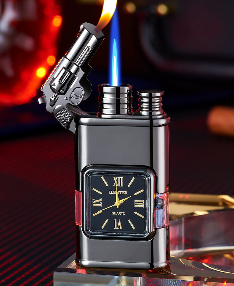 creative dual flame gun torch lighter watch with lighter gas lighter cigarette with transparent gas tank custom logo