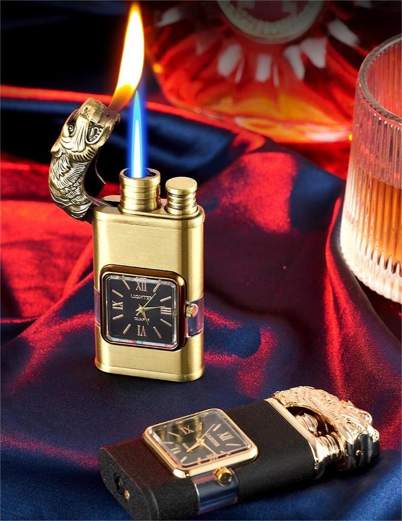 creative dual flame gun torch lighter watch with lighter gas lighter cigarette with transparent gas tank custom logo