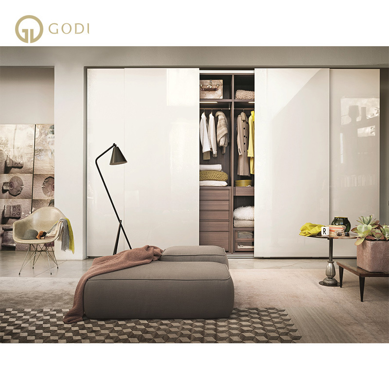 GODI Custom modern white glossy wooden bedroom mirror wardrobe closet with 2 sliding door