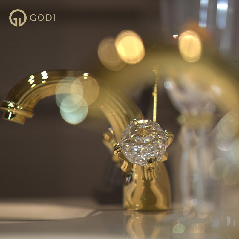 GODI crystal faucets mixer tap Golden basin tap double handle water tap