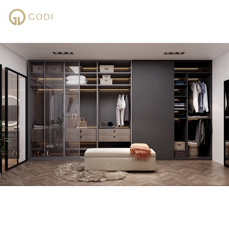 GODI Custom modern white glossy wooden bedroom mirror wardrobe closet with 2 sliding door