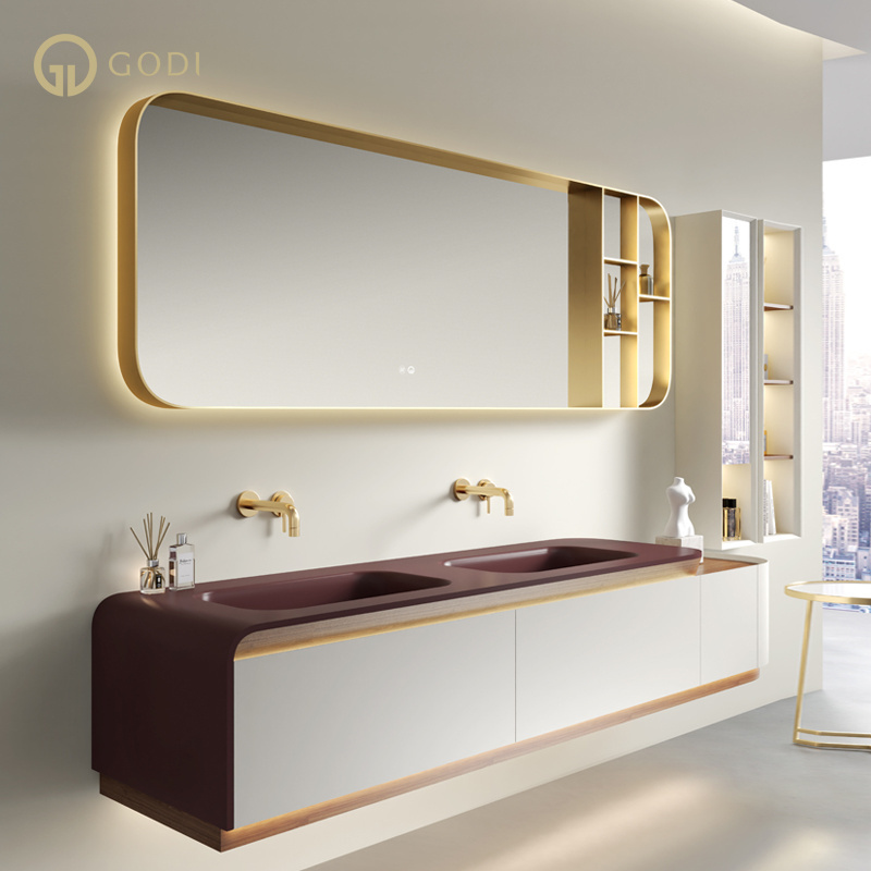 GODI euro style high end wall mounted bath top double sink 72 inches white and gold bathroom vanity cabinet with led  mirror