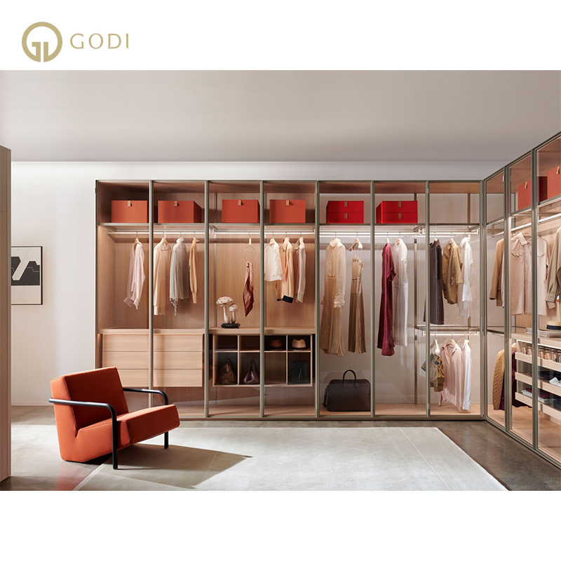 GODI Custom Luxury Modern L Shape Walk In Closet Built In Walk In Wardrobe With Tempered Glass Door LED Light Suite Closet