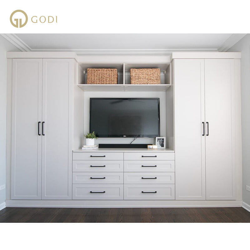 GODI European style wardrobe modern simple economy bedroom wooden cabinet assembly wardrobe with tv cabinet