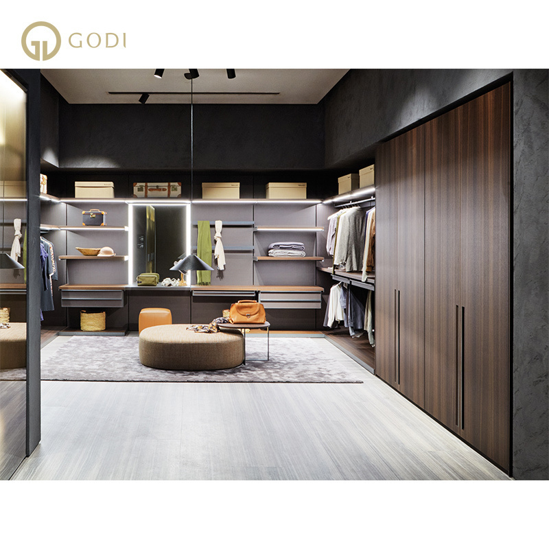 GODI Custom Luxury Modern L Shape Walk In Closet Built In Walk In Wardrobe With Tempered Glass Door LED Light Suite Closet