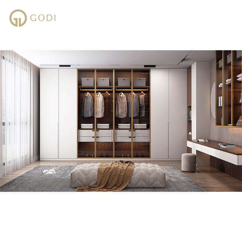 GODI Customized Modular mdf hotel luxury bedroom storage cabinet furniture wooden modern white armoire wardrobe closets designs