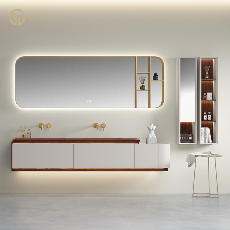 GODI euro style high end wall mounted bath top double sink 72 inches white and gold bathroom vanity cabinet with led  mirror