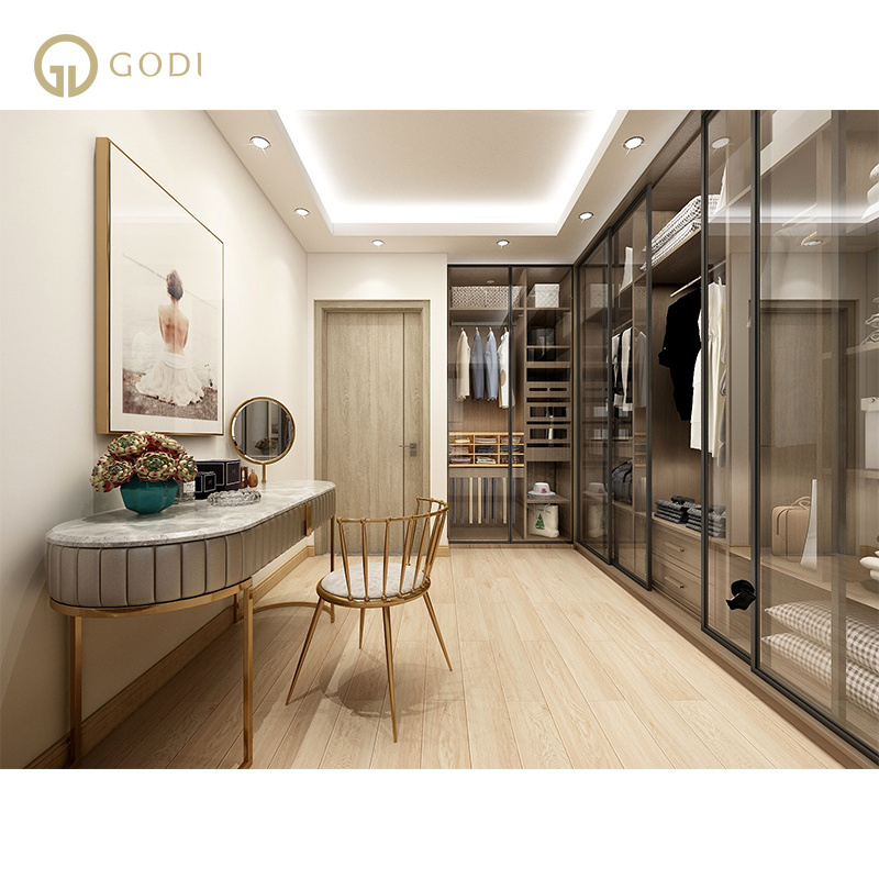 GODI Eco-Friendly Chinese Modern Bedroom Sliding Door Triple Wood Clothes Cabinet Wardrobe Closet Designs Wardrobe