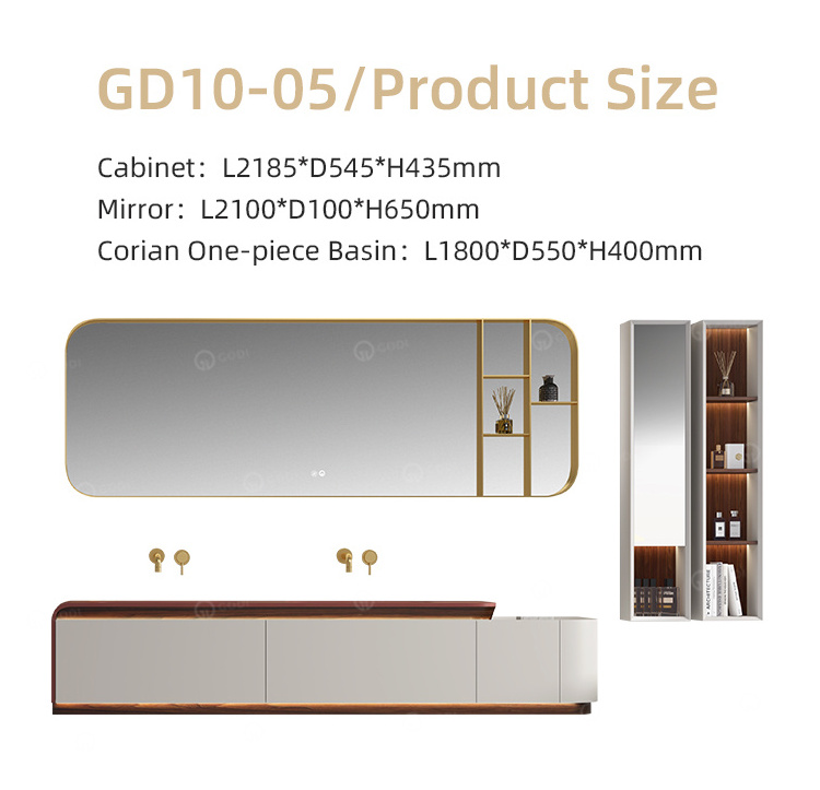 GODI euro style high end wall mounted bath top double sink 72 inches white and gold bathroom vanity cabinet with led  mirror