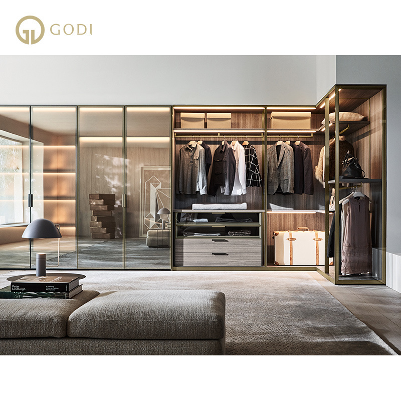 GODI Custom Luxury Modern L Shape Walk In Closet Built In Walk In Wardrobe With Tempered Glass Door LED Light Suite Closet