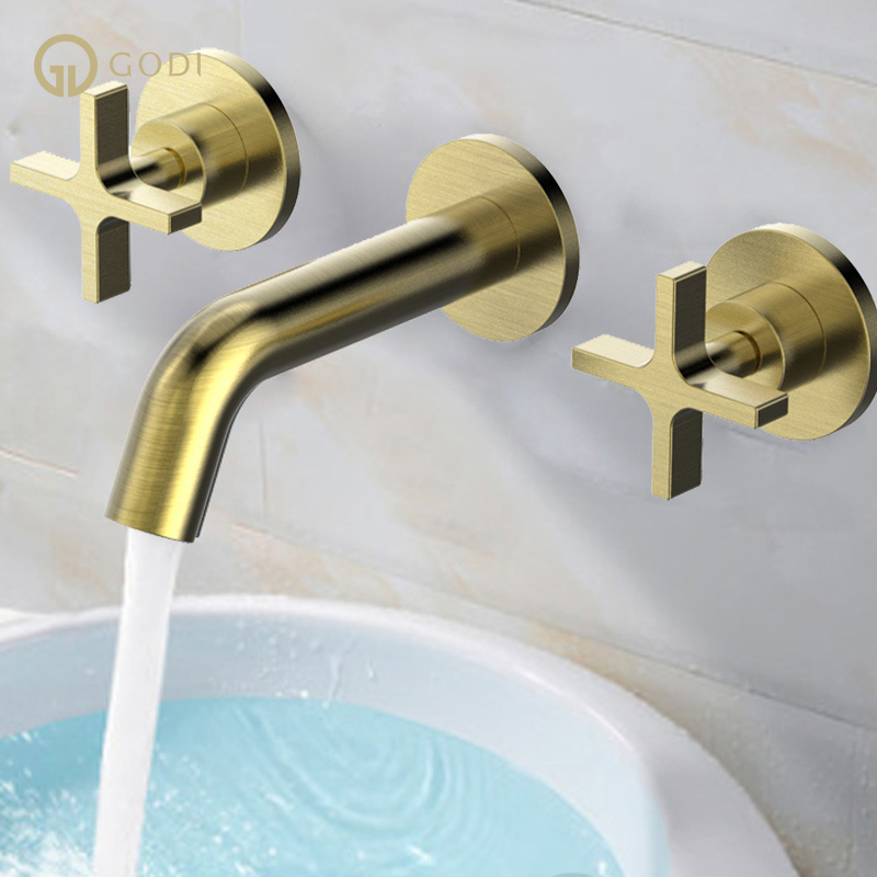 GODI Modern Wall Mounted Bathroom Basin Faucets Brass Water Mixer Embedded Box Washroom Sink Tap In Wall Faucet