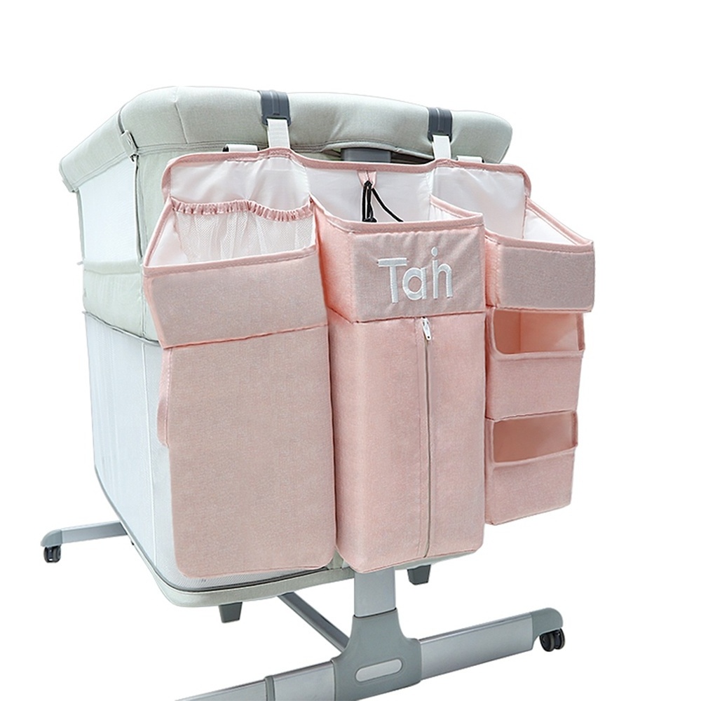 High Quality Linen Waterproof With Pockets Zipper Pink Bedside Nursery Diaper Caddy Storage Bag Baby Bed Hanging Crib Organizer