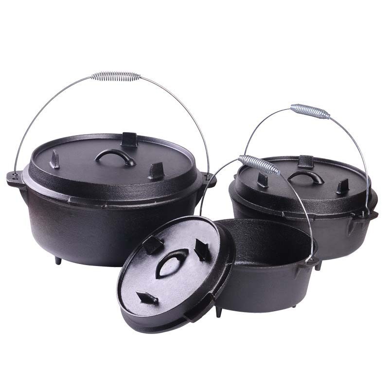 Outdoor Dutch Oven Set Cast Iron Cooking Pot with Lid Lifter Camping Burnt Grill BBQ 2 in 1 Dutch Oven Cookware with Tripod