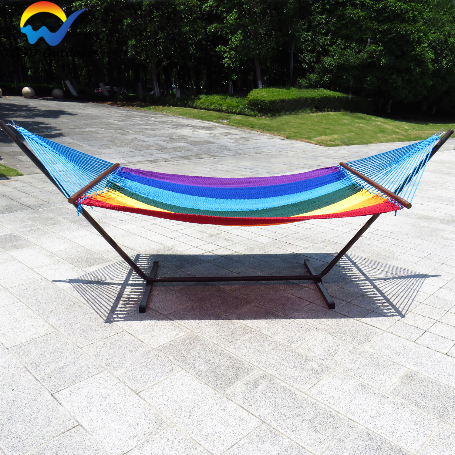 Patio Free Standing Hammock Bed Outdoor Portable Double Swing Hammock With Stand and Wooden Spreader Bar For Camping