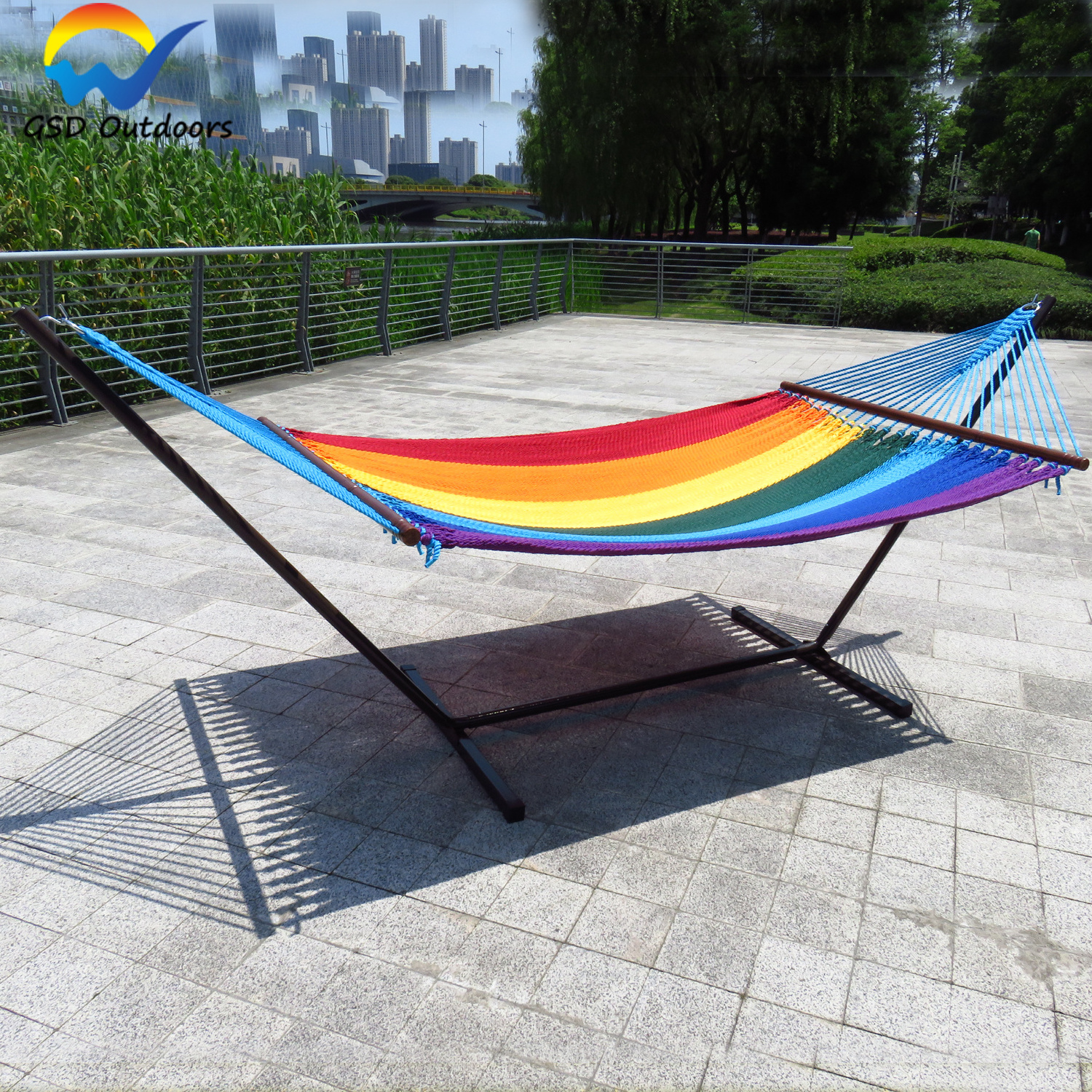 Patio Free Standing Hammock Bed Outdoor Portable Double Swing Hammock With Stand and Wooden Spreader Bar For Camping