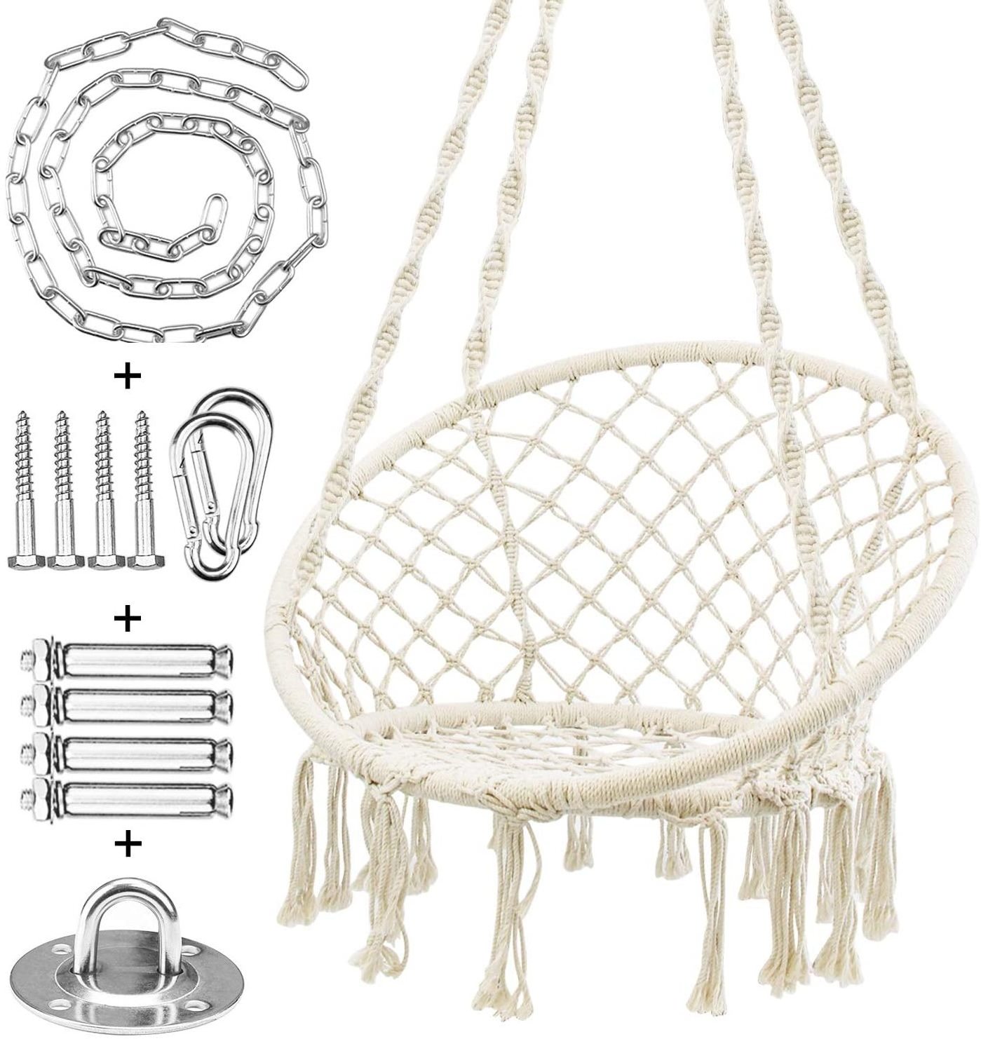 Round Swing Chair Handwoven Cotton Macrame Hammock Hanging Chair Swing With Durable Hanging Hardware Kit For Indoor & Outdoor