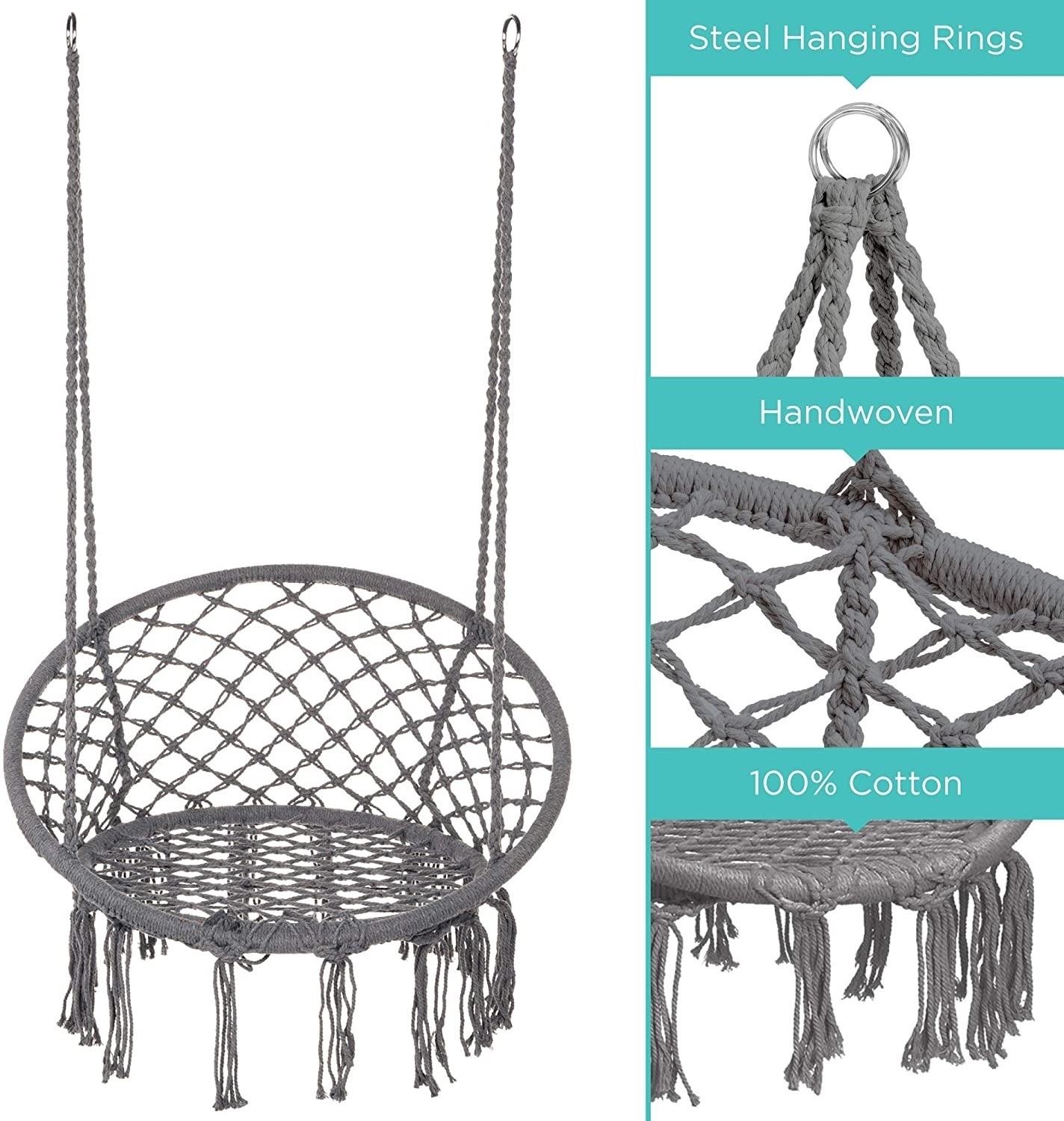 Round Swing Chair Handwoven Cotton Macrame Hammock Hanging Chair Swing With Durable Hanging Hardware Kit For Indoor & Outdoor