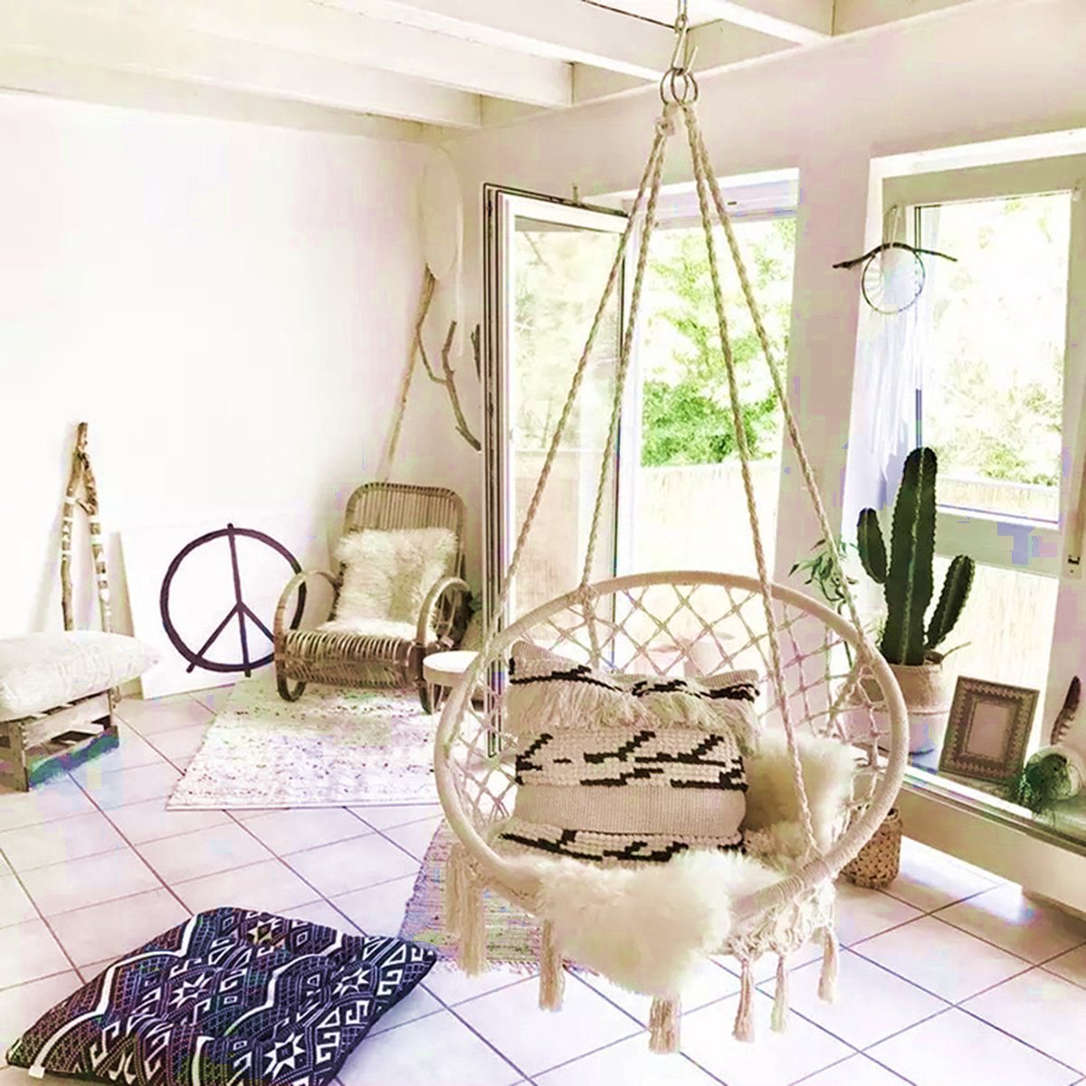 Hammock Chair Macrame Swing Hanging Lounge Mesh Chair Durable Cotton Rope Swing for Bedroom, Patio, Garden