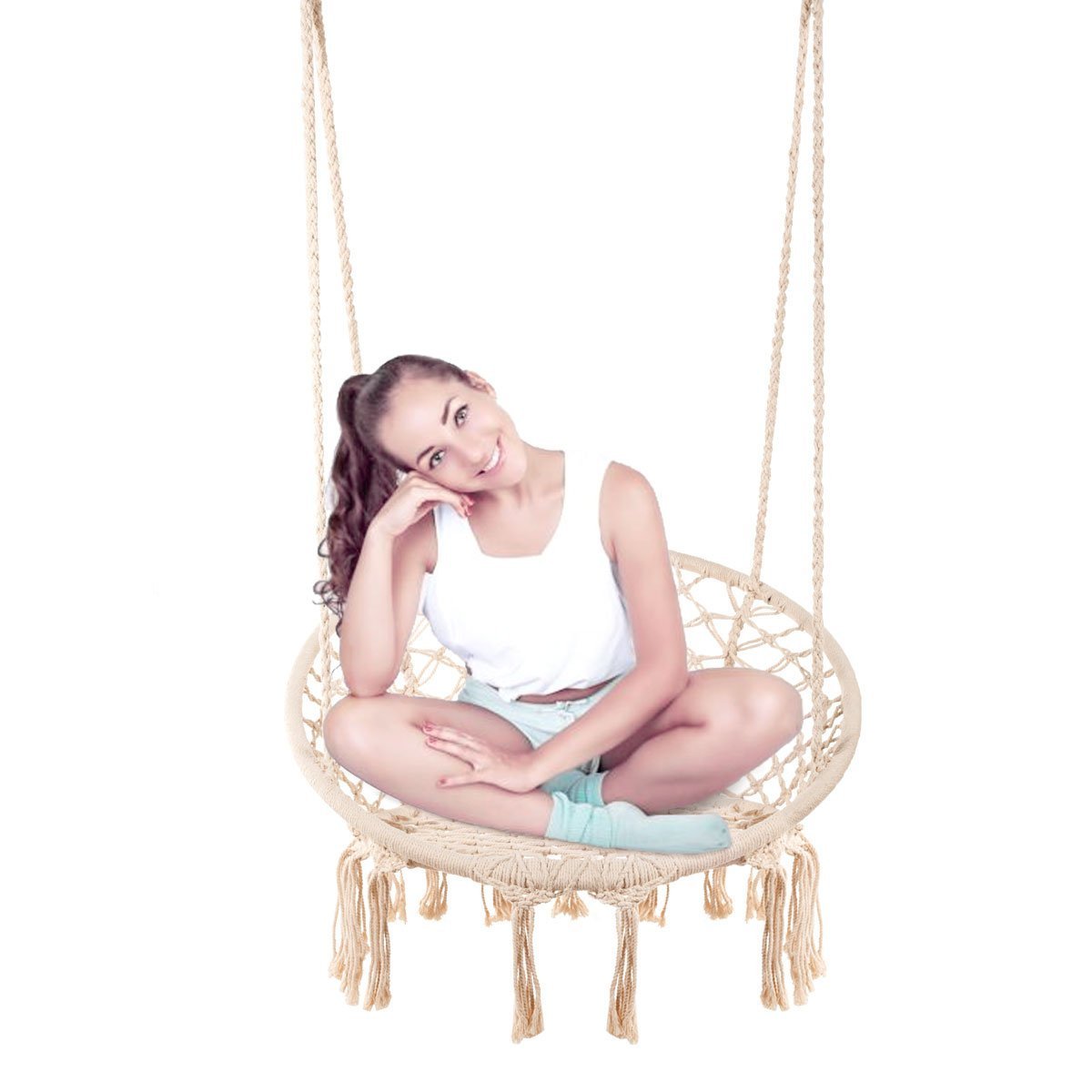 Hammock Chair Macrame Swing Hanging Lounge Mesh Chair Durable Cotton Rope Swing for Bedroom, Patio, Garden