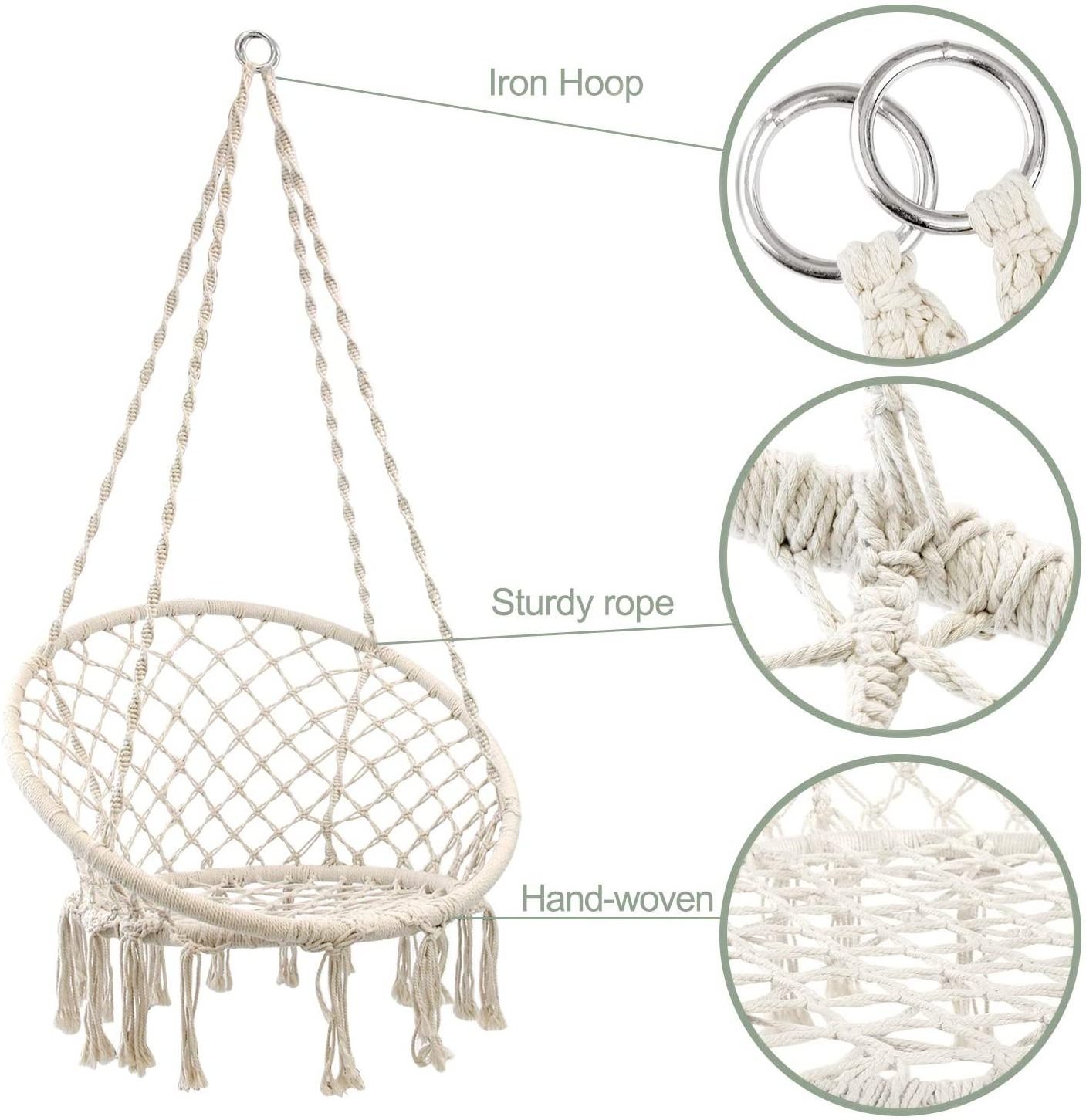 Hammock Chair Macrame Swing Hanging Lounge Mesh Chair Durable Cotton Rope Swing for Bedroom, Patio, Garden