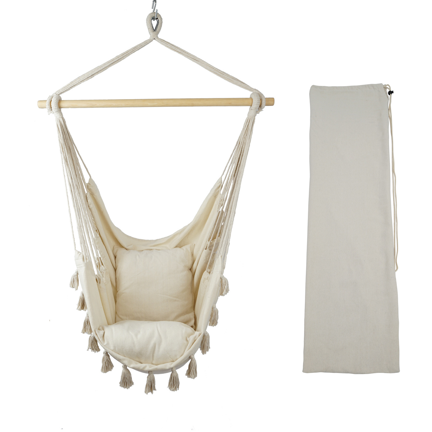 Macrame Swing Hammock Chair With Tassels Indoor Hanging Swing Chair with Two free Pillow and Pocket