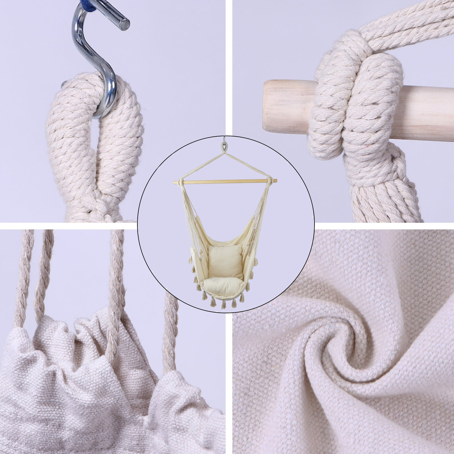 Macrame Swing Hammock Chair With Tassels Indoor Hanging Swing Chair with Two free Pillow and Pocket