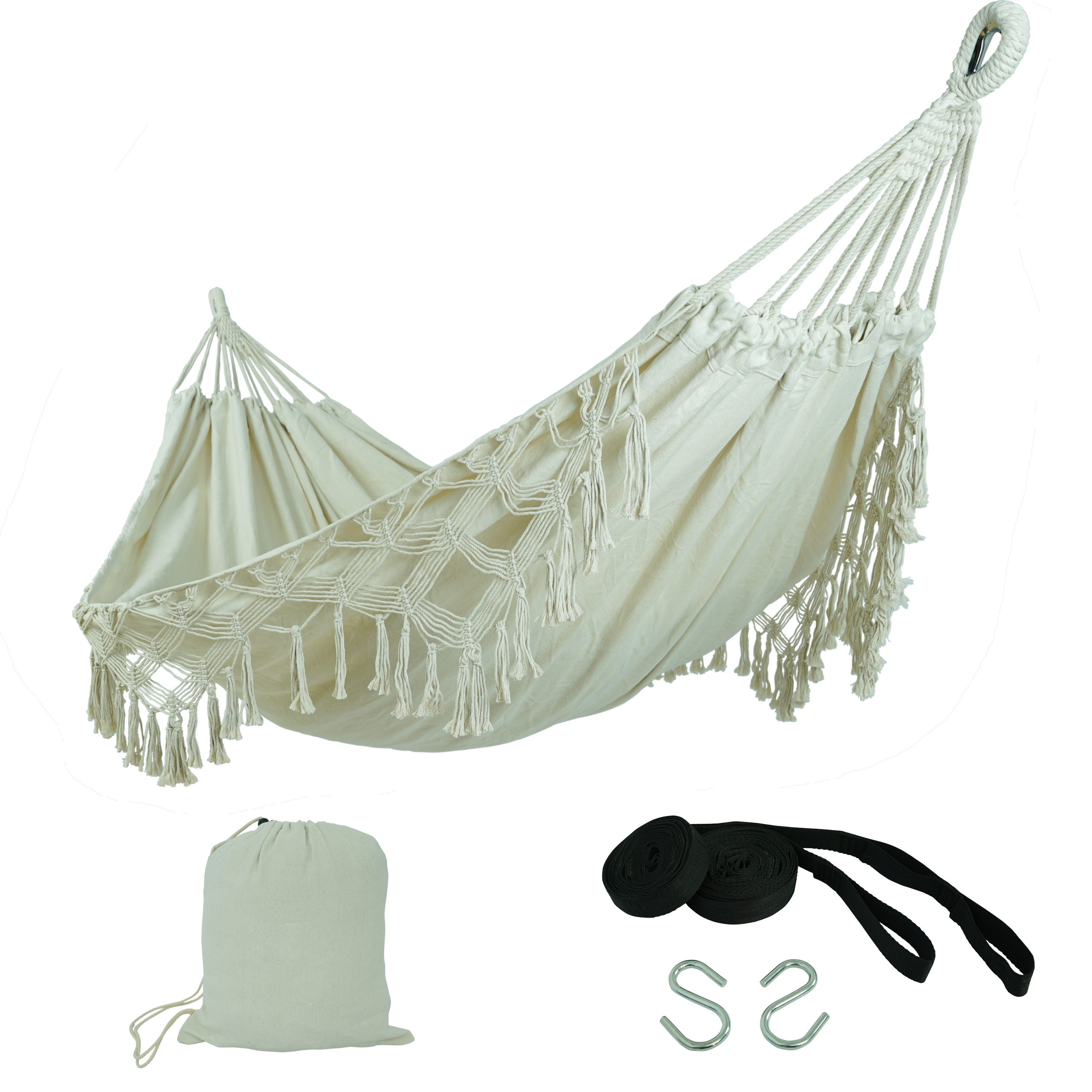 Outdoor Foldable Canvas Macrame Swing Hammock Indoor Large Double Cotton Hammock with Fringe Beach Yard Hanging Chair