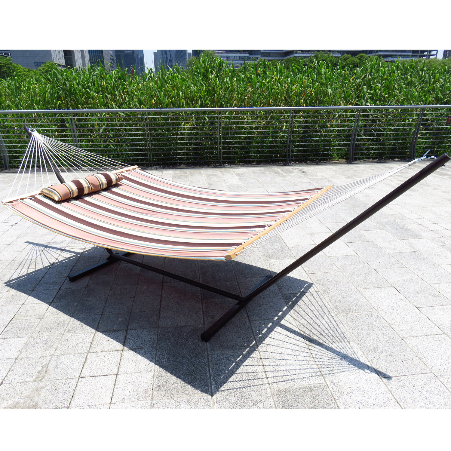 GSD Outdoor Travel Canvas Two Person Free Standing Hammock Bed with Spreader Bar and Pillow Adjustable Camping Swing Hammock Bed