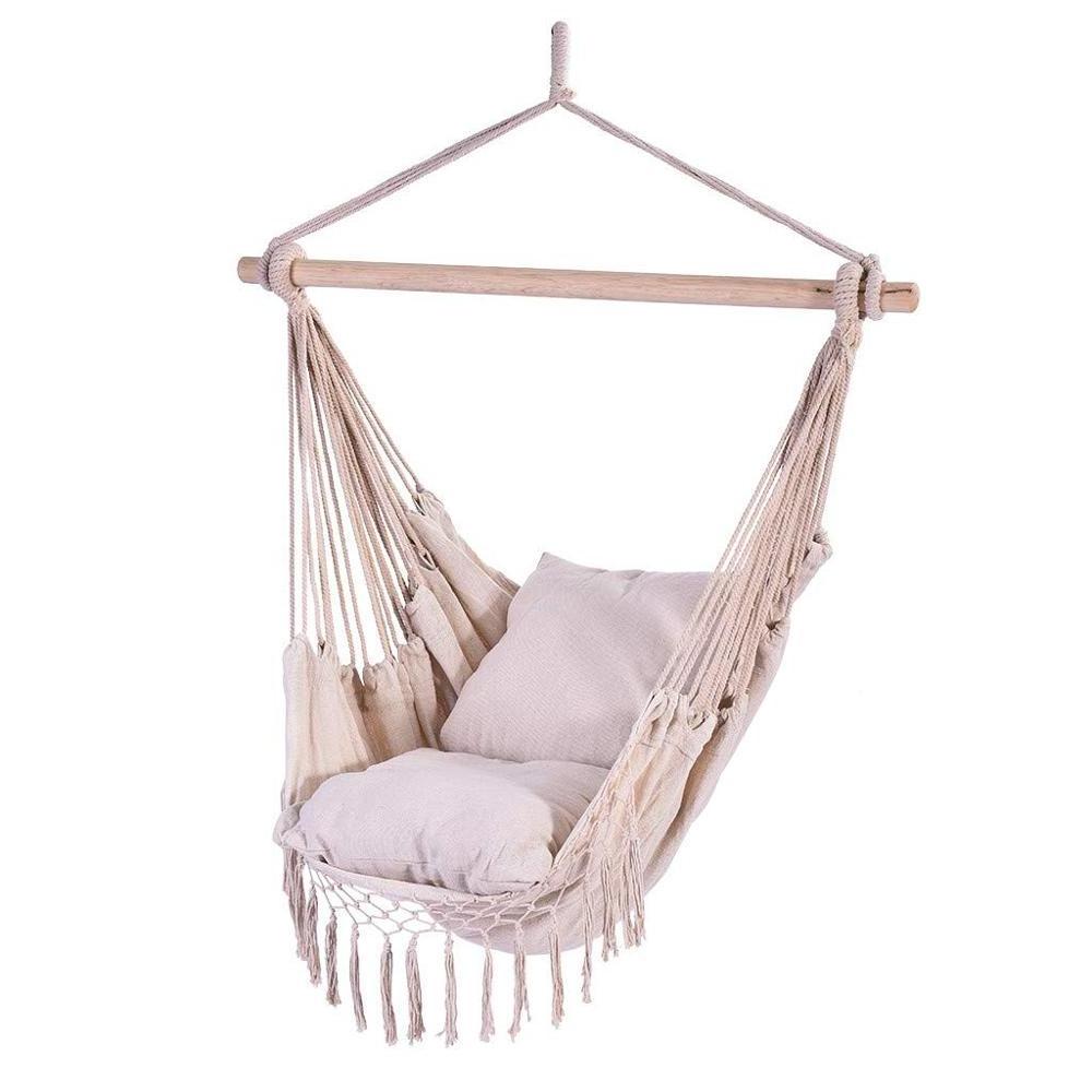 GSD Hanging Hammock Chair Macrame Hammock Hanging Swing Chair with Two Cushions Indoor Bedroom Cotton Canvas Swing Chair Hammock