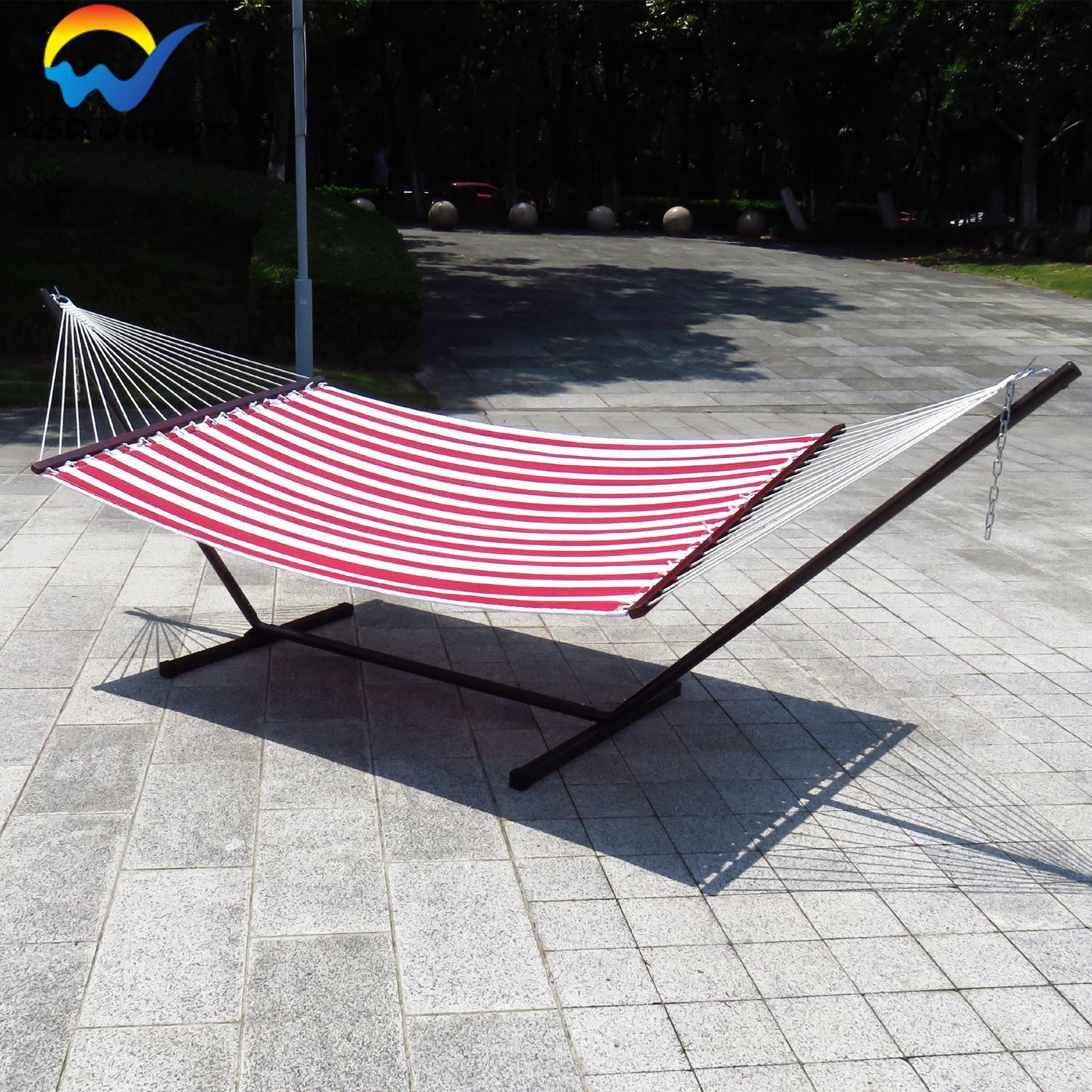 High Quality Double Hammock Quilted Fabric Swing Bed With Wooden Spreader Bar Outdoor Folding Canvas Swing Stand Hammock Bed