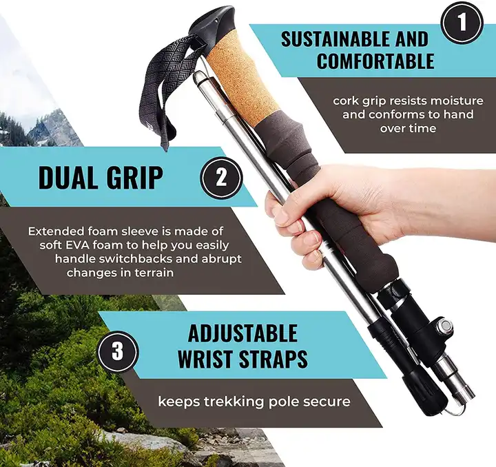 Folding Trekking Poles Collapsible Mountain Climbing Pole Cork Handle Ultralight Folding Mountain Walking Sticks Lightweight