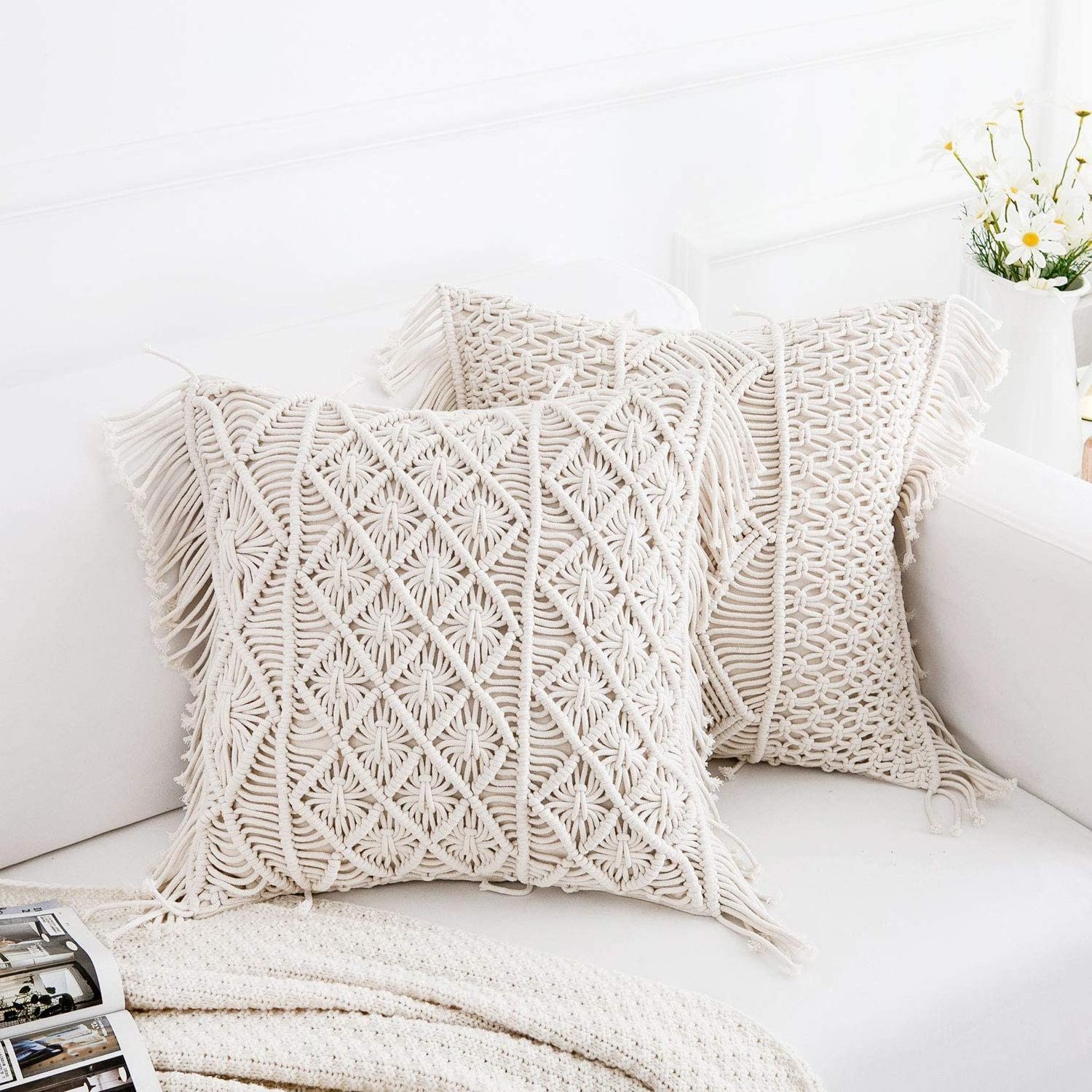 Bohemian Style Macrame Throw Pillow Cushion Cover Pillowcase Indoor Decorative Fringe Sofa Cushion Cases Set