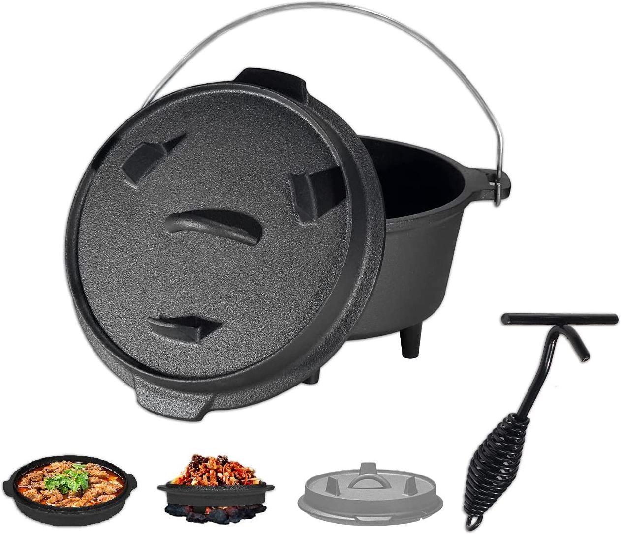 Outdoor Dutch Oven Set Cast Iron Cooking Pot with Lid Lifter Camping Burnt Grill BBQ 2 in 1 Dutch Oven Cookware with Tripod