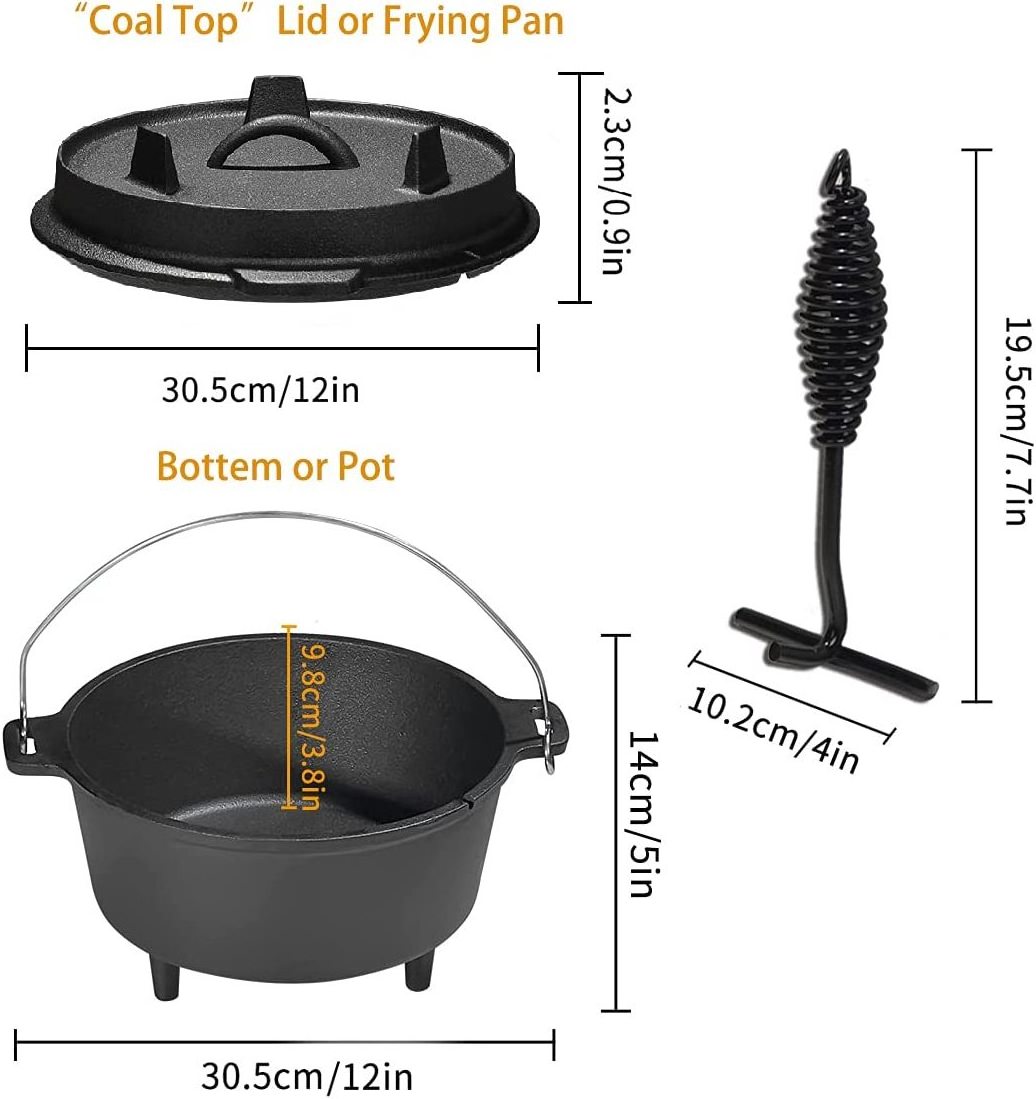 Outdoor Dutch Oven Set Cast Iron Cooking Pot with Lid Lifter Camping Burnt Grill BBQ 2 in 1 Dutch Oven Cookware with Tripod