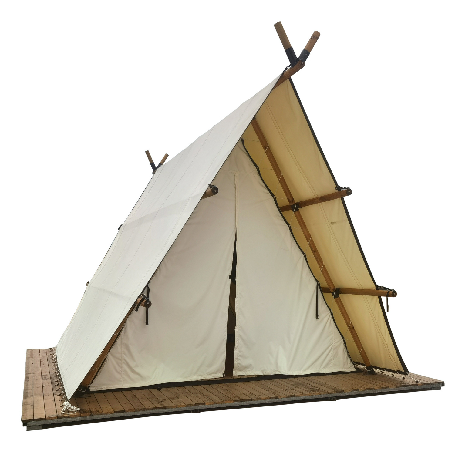 Outdoor Canvas Luxury Glamping Triangle Safari Tent with Wooden Pole Waterproof Folding Camping  Large Party Hotel Living Tent