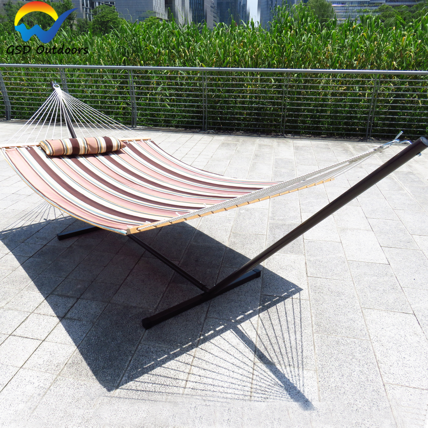 GSD Outdoor Travel Canvas Two Person Free Standing Hammock Bed with Spreader Bar and Pillow Adjustable Camping Swing Hammock Bed