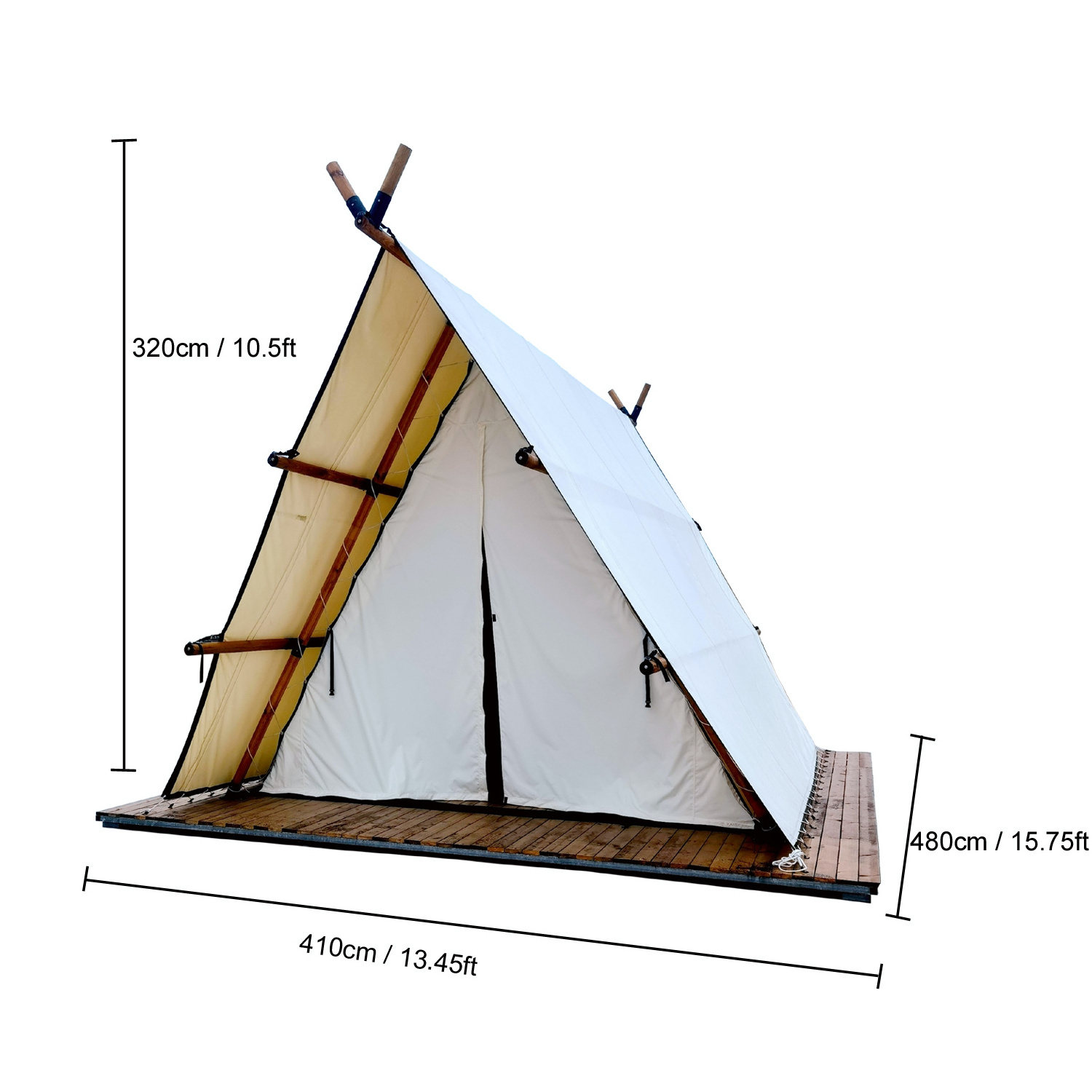 Outdoor Canvas Luxury Glamping Triangle Safari Tent with Wooden Pole Waterproof Folding Camping  Large Party Hotel Living Tent