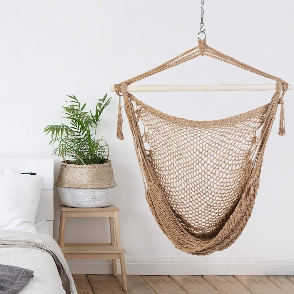 Hammock Chair Hanging Rope Swing Seat with Hardware Kits Handmade cotton Mesh Net Hanging chair Lightweight Hammock chair