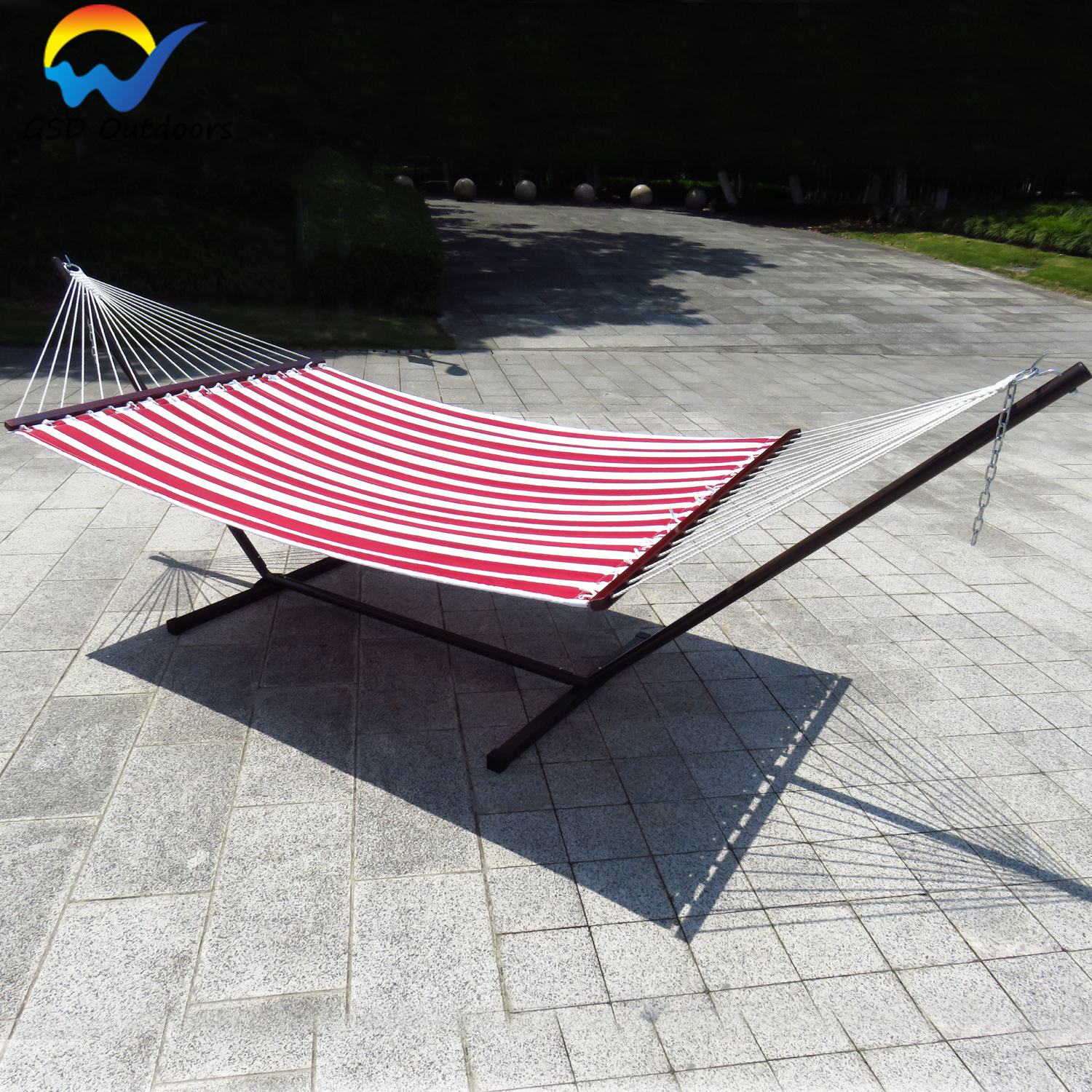 High Quality Double Hammock Quilted Fabric Swing Bed With Wooden Spreader Bar Outdoor Folding Canvas Swing Stand Hammock Bed