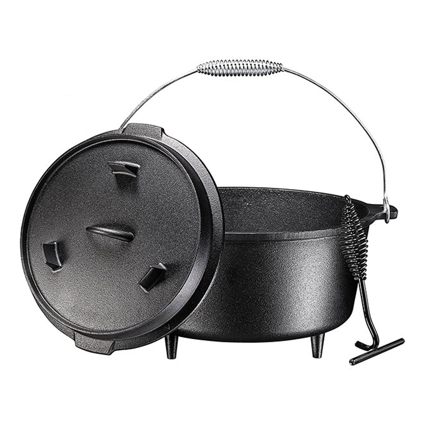 Outdoor Dutch Oven Set Cast Iron Cooking Pot with Lid Lifter Camping Burnt Grill BBQ 2 in 1 Dutch Oven Cookware with Tripod