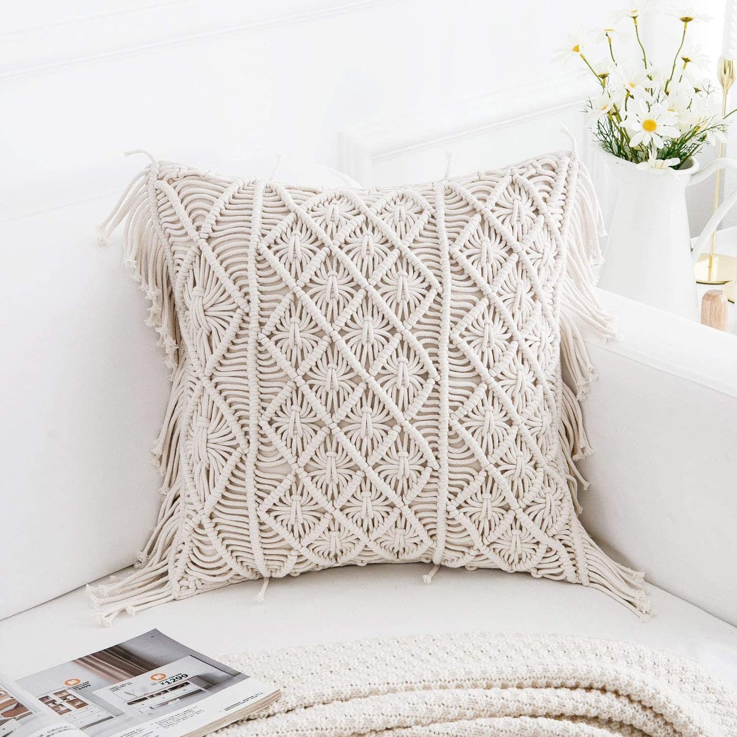 Bohemian Style Macrame Throw Pillow Cushion Cover Pillowcase Indoor Decorative Fringe Sofa Cushion Cases Set